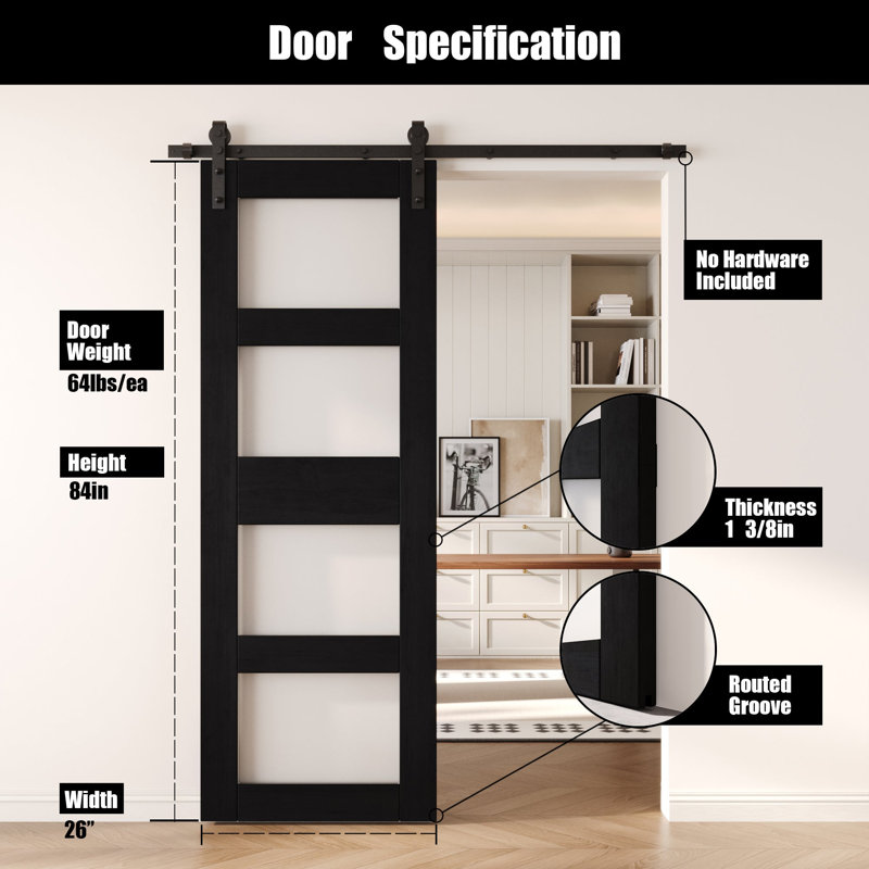 Porte de grange non assemblée et finie en verre de 4 po de 26 po x 84 po Homacer de Homacer, utilisation intérieure seulement