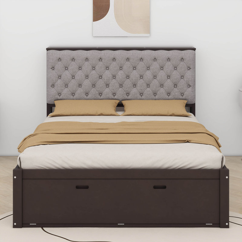 Revollo Wood Queen Size Platform Bed with Storage Headboard, Shoe Rack, and 4 Drawers, Espresso/White
