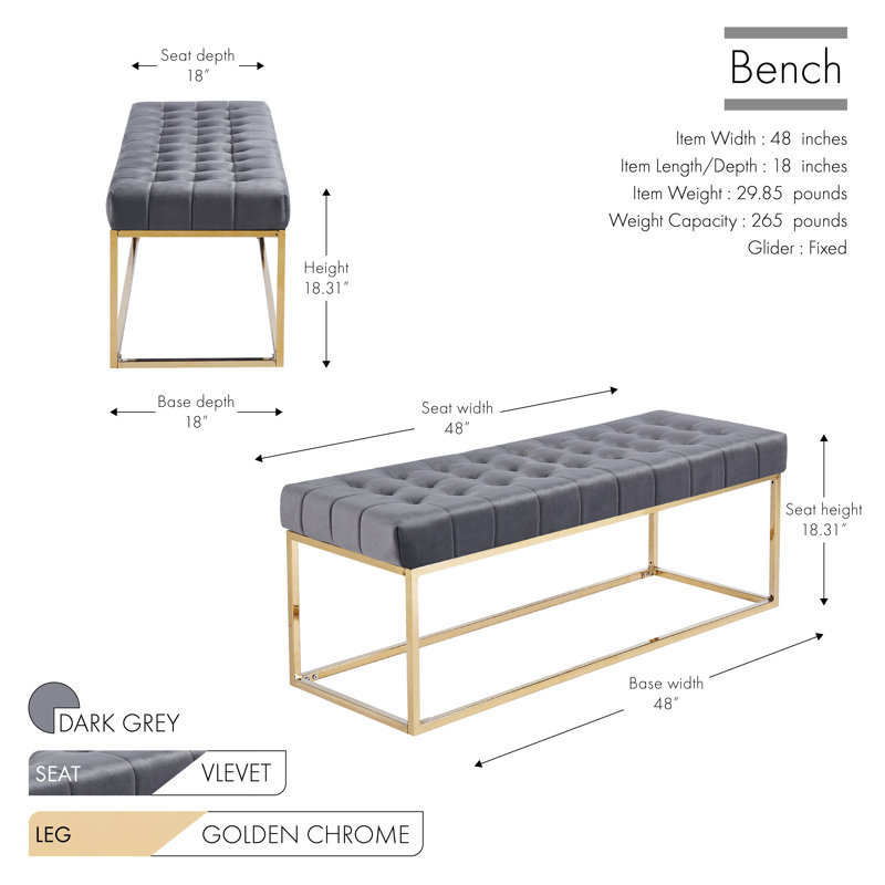 Greydi Tufted Velvet Bench with Gold Chrome Legs, Dark Gray
