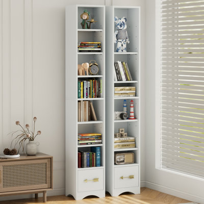 Ensemble de 2 grandes bibliothèques étroites avec tiroirs en tissu, tours de rangement étroites à 8 niveaux avec bibliothèque de 70,9 po, tablettes autoportantes pour la chambre à coucher, le salon et le bureau personnel