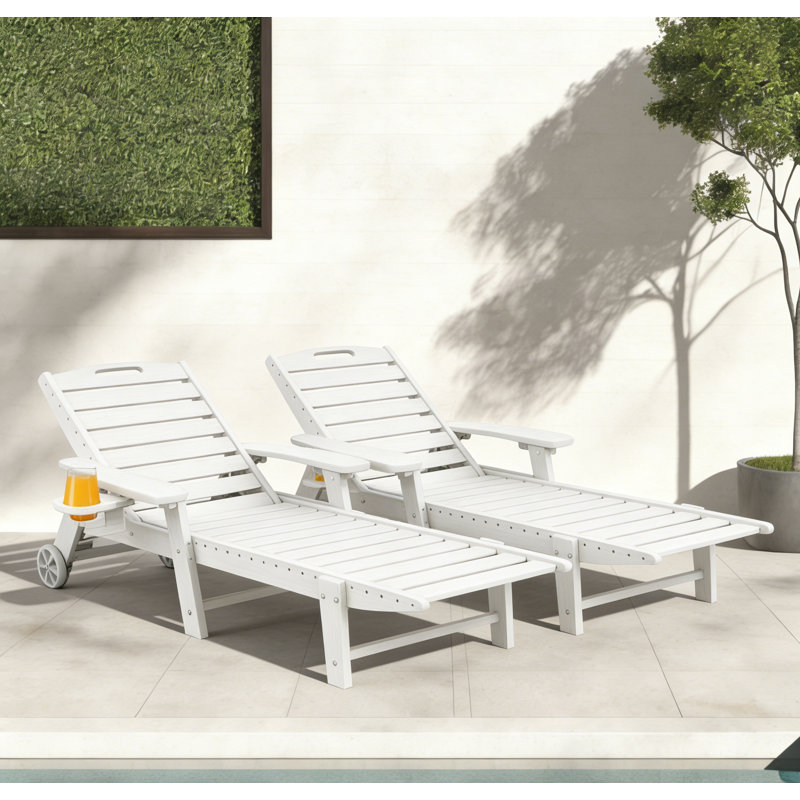 Outdoor Wood Texture Pool Reclining Lounge Chaise  With Wheels & Cup Holder (Set of 2), White