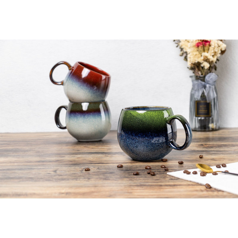 Reactive Glaze Mixed Set of Green and Red Large Sphere Coffee Mug Set Cynthis Mug