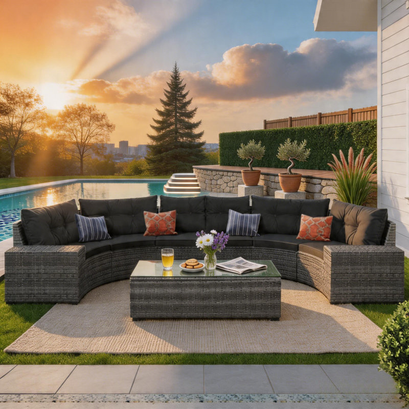 Ensemble modulaire de patio modulaire en osier courbé pour 6 personnes avec table basse pour cour, bord de piscine, Gris