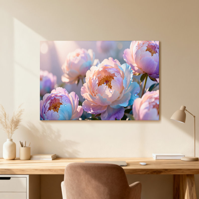 Plantes et fleurs pivoines pastel avec gouttes de rosée, H 16 po x l 24 po, Toile tendue, Ne s’applique pas