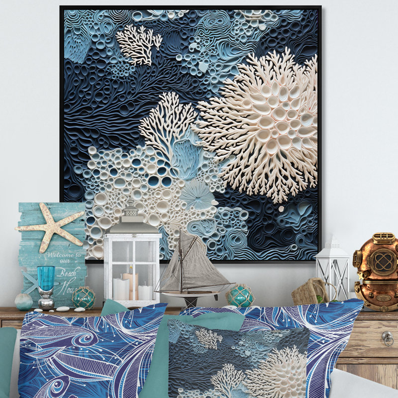 Collage sous l'eau de coraux bleus et blancs - art mural côtier, H 30 po x l 30 po, Reproduction avec cadre flottant, Noir