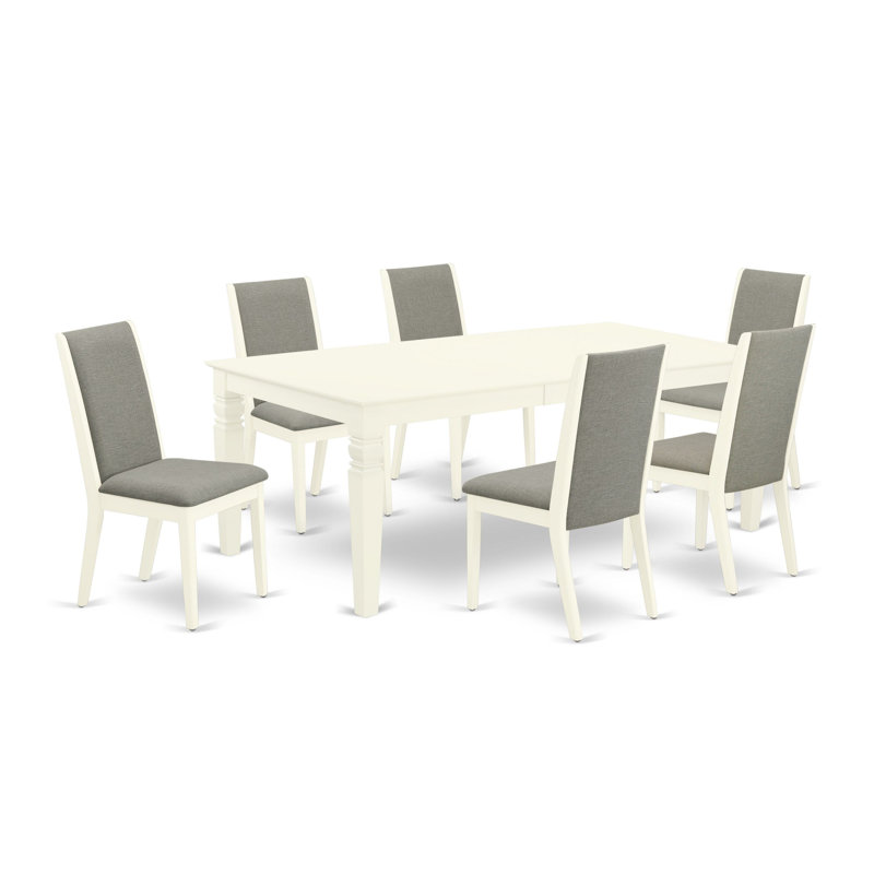 7 Piece Dining Set Consist of a Rectangle Dining Room Table with Butterfly Leaf and 6 Shitake Linen Fabric Upholstered Chairs, Linen White
