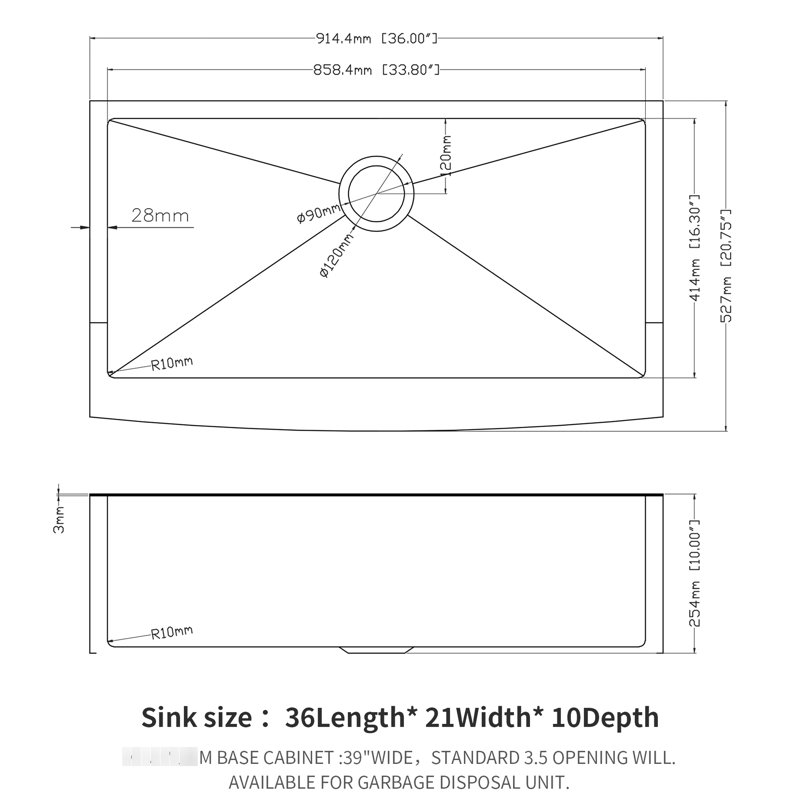 Évier en acier inoxydable de 36 pouces - calibre 16. Surface, facile à nettoyer. Grattage physique. Bon système de drainage. L'ensemble comprend un évier, un support, une grille de rinçage inférieure, des pinces d'installation, une crépine de 3,5 po