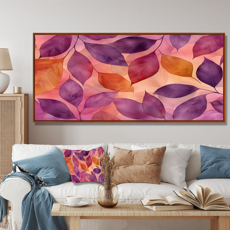 Coucher de soleil sur feuilles III - feuilles, art mural, H 28 po x l 60 po, Impression encadrée flottante, Brun