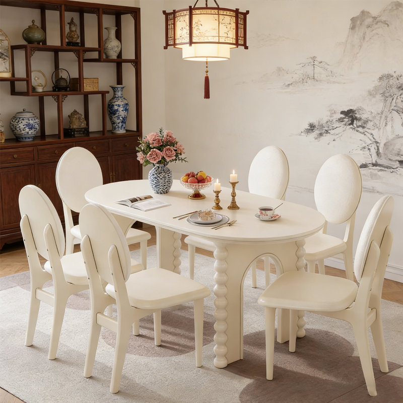 Ensemble de table de salle à manger en bois de cerisier blanc durable, 7 pièces : table, 6 chaises