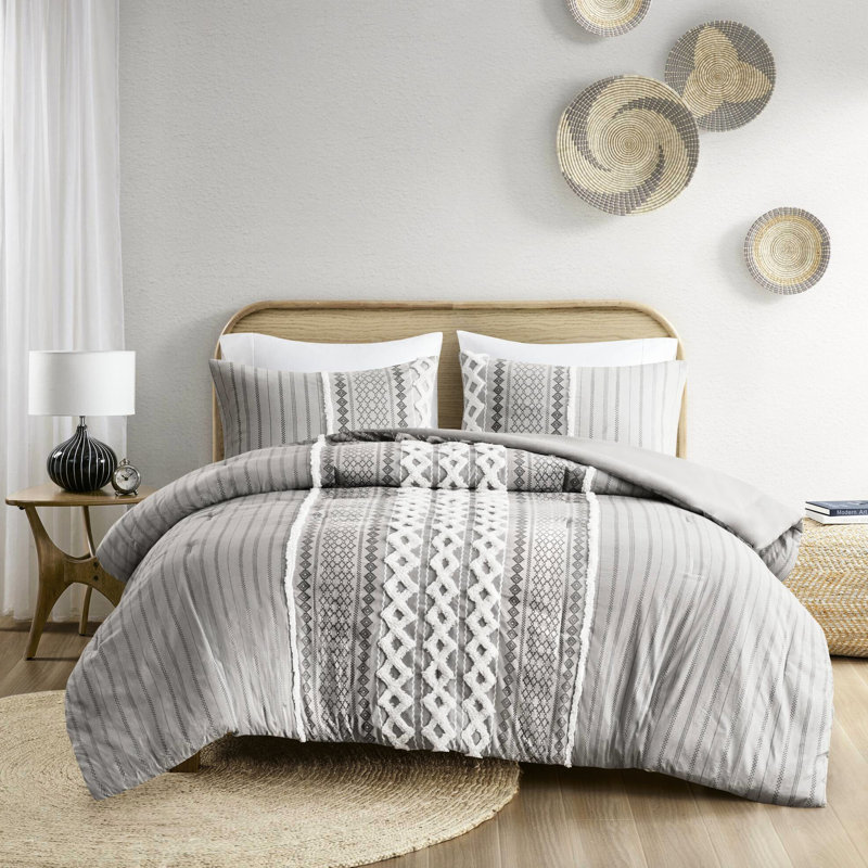 Édredon double / grand imprimé en coton - blanc / bleu marine avec 2 taies décoratives en chenille, Gris