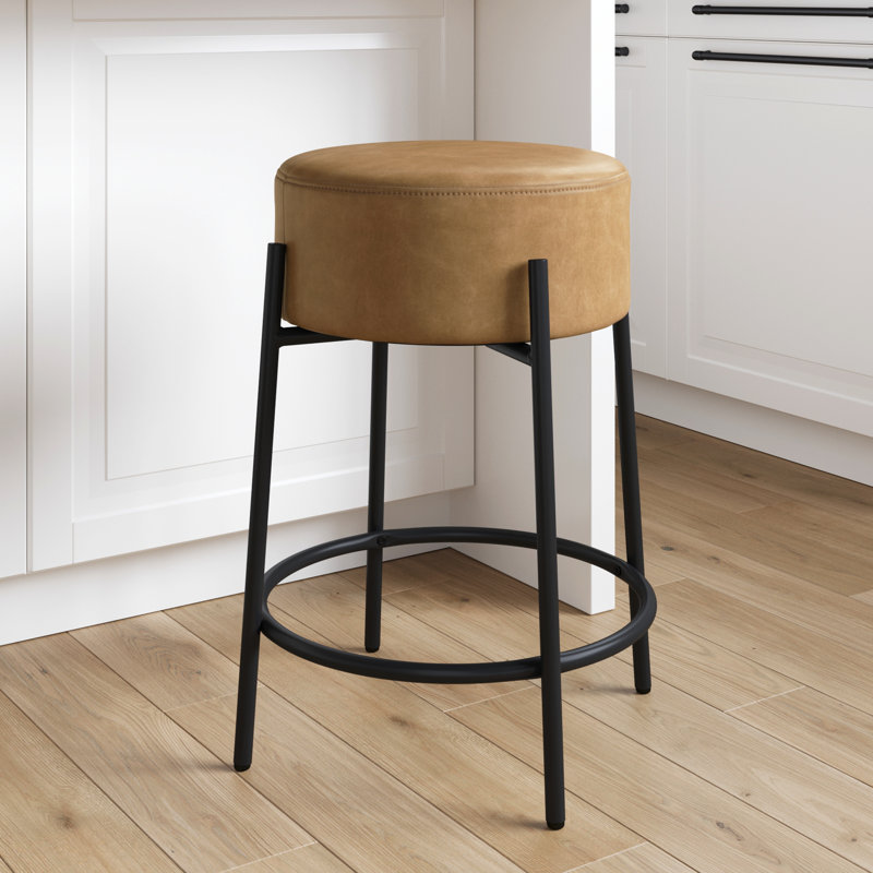 Upholstered Counter Stool with Metal Frame, Counter Stool (24" Seat Height), Light Brown Polyester/Matte Black Frame, 1