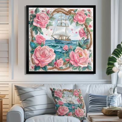 Pink Green Pirate Anchor With Pink Roses III - Coastal Wall Art Print