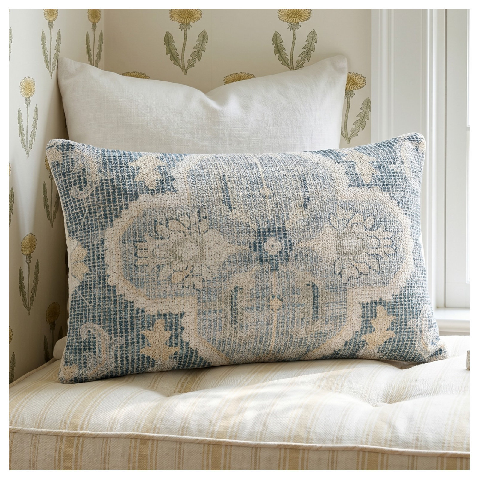 Alain Floral Cotton Lumbar Pillow Cover, Polyester/Polyfill