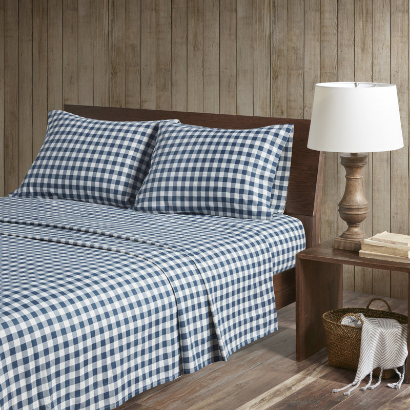 Queen Blue Plaid Cotton Flannel Sheet Set