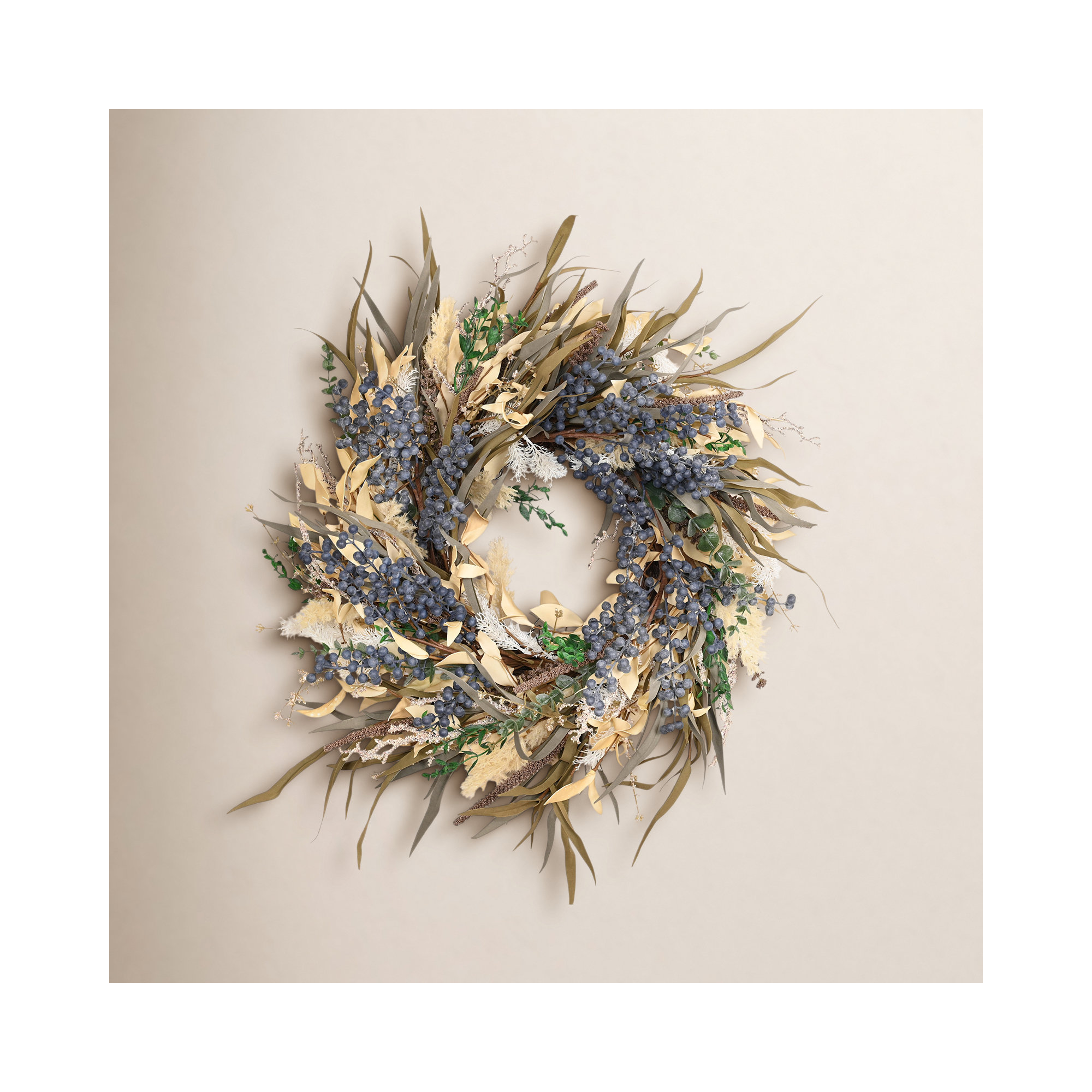 24" Artificial Bohemian Fall Harvest Blossom Cluster Pampas Grass Berry Front Door Wreath For Thanksgiving Day, Blue