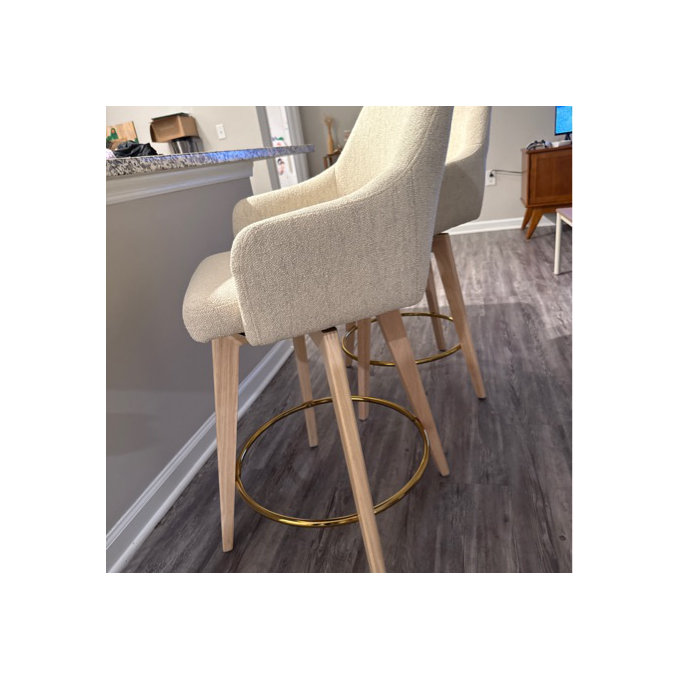 Counter Stool with Solid Wood Frame and Arms (Set of 2) - Beige