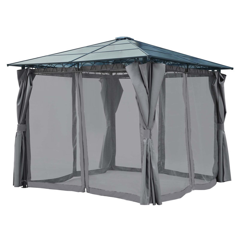 Pavillon de jardin d'extérieur à toit rigide 10 pi x 10 pi avec toit en polycarbonate, moustiquaire et écrans d'intimité