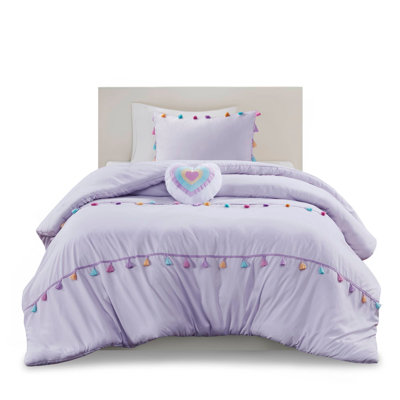 3 PCS Twin Tassel Comforter Set With Heart Shaped Throw Pillow Lavender