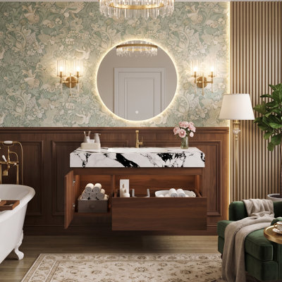 Meuble-lavabo mural de 91 cm (36 po) avec dessus en pierre frittée sans joint, base en contreplaqué, 1 tiroir en forme de U et porte (blanc Calacatta et noir)