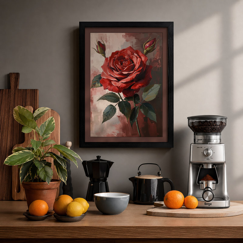 Crimson Rose Study Botanical - Print, A1 - 84.1 x 59.4 cm, Black