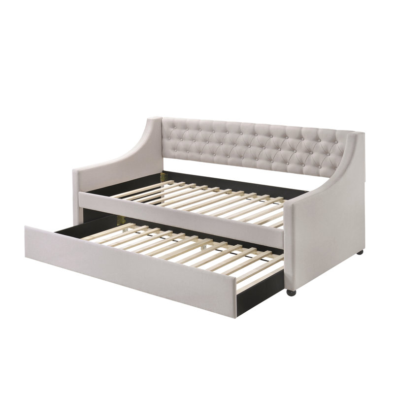 Daybed With Trundle Upholstered Tufted Sofa Bed, With Beautiful Round Armset Design, Fog, Twin