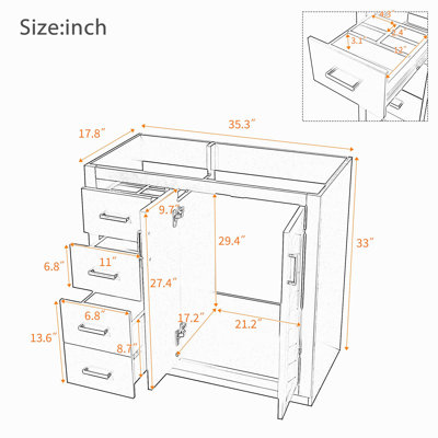 Ensemble de meuble-lavabo autoportant avec cadre en bois massif 36 po, 3 tiroirs et portes à fermeture douce