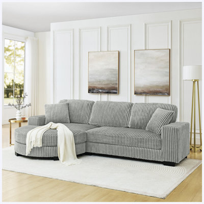 Sofa Corduroy Tufted Upholstered Sleeper Sectional , L-shaped Modular Convertible Sofa , The Arc-shaped Footstool Can Be Placed Freely on the Left and Right-gray