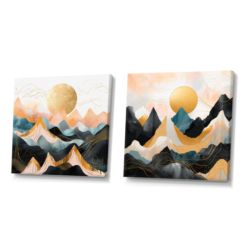 Ensemble de 2 décorations murales roses et dorées «Bold Landscape I - Mountains», Toile tendue, H 16 po x l 33 po x P 1 po