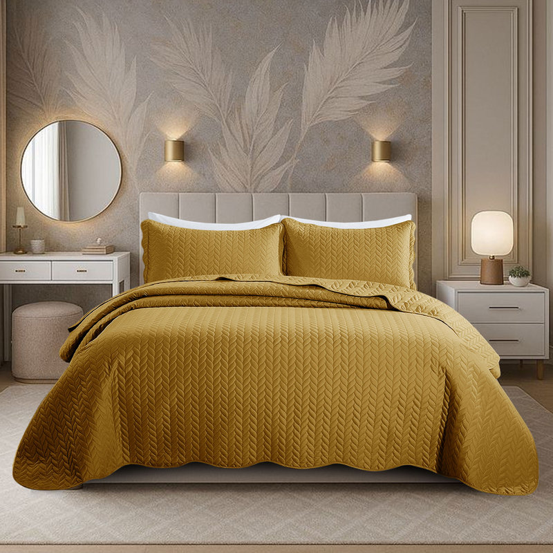 Ensemble de couvre-lit matelassé en microfibre embossée, Full Comforter + 2 Standard Shams, Ochre