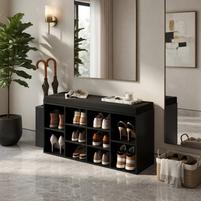 10-Cubby Shoe Storage Bench with Umbrella Stand – Rustic Brown & Black Entryway Organizer, Padded Seating, Adjustable Shelves for Hallway, Mudroom, or