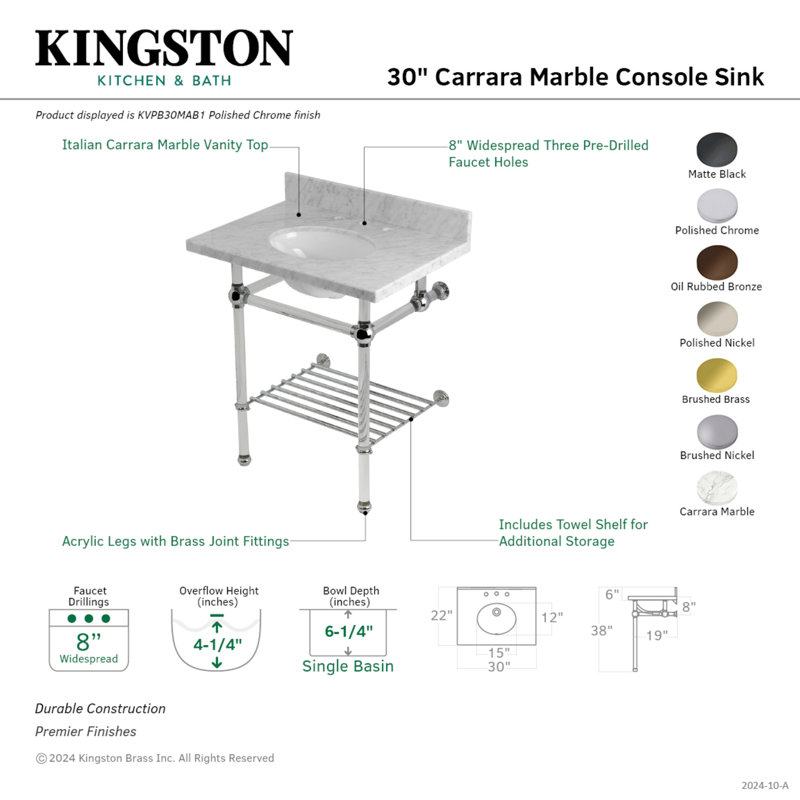 Kingston Brass Templeton 30-Inch Carrara Marble Console Sink with Acrylic Legs and Shelf (8-Inch, 3-Hole)