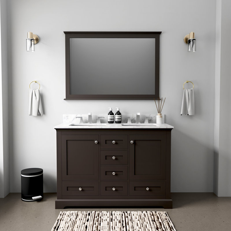 Dukes 48 in. W x 22 in. D Double Bath Vanity and 46 in. Mirror, Espresso, White Carrara Marble