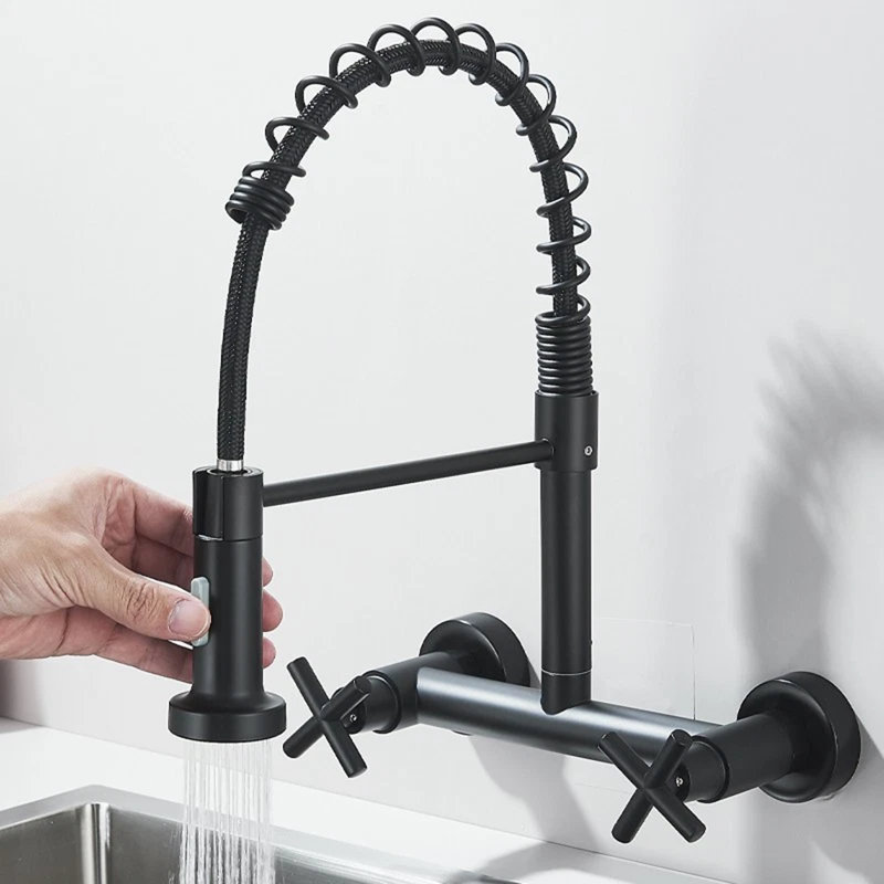 Black Wall Mount Kitchen Sink Faucet Black 8 Inch 2 Handle Commercial Pull Down Mixer, Black