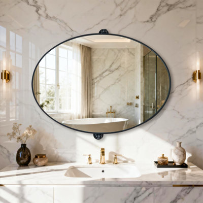 20”x28” Black Metal Framed Pivoting Bathroom Vanity Mirror Tilting Oval Mirror