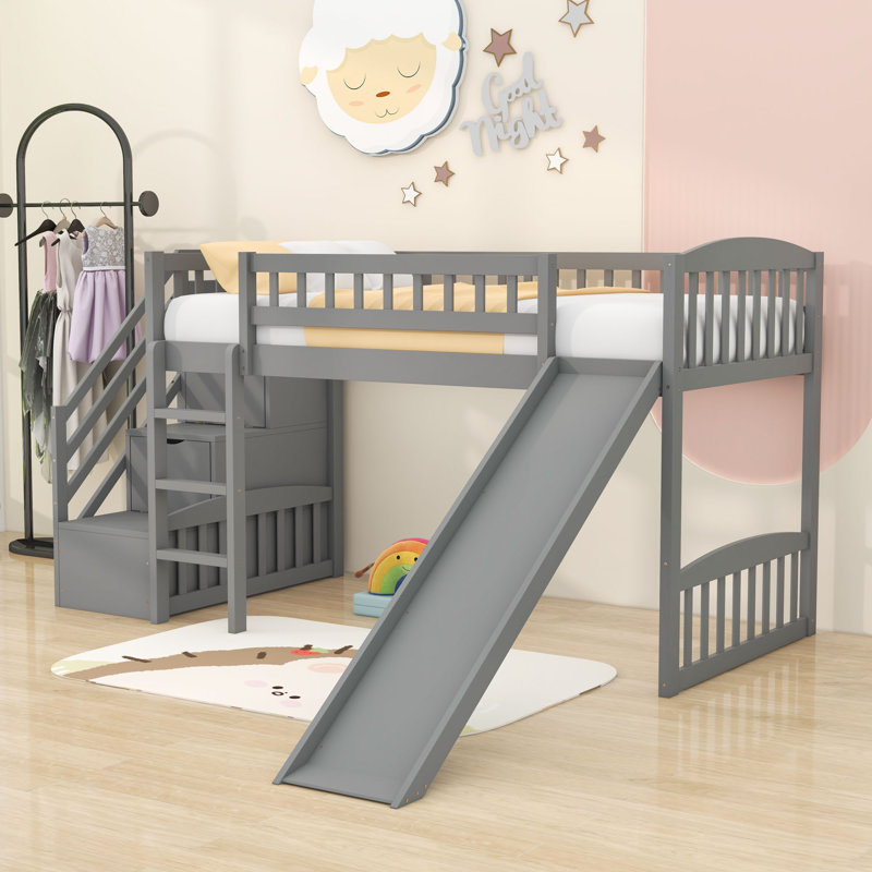 Wood Twin Loft Bed with Storage Stairs and Slide, Gray