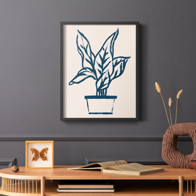Navy Plant Sketches II Framed Print - Solid Wood
