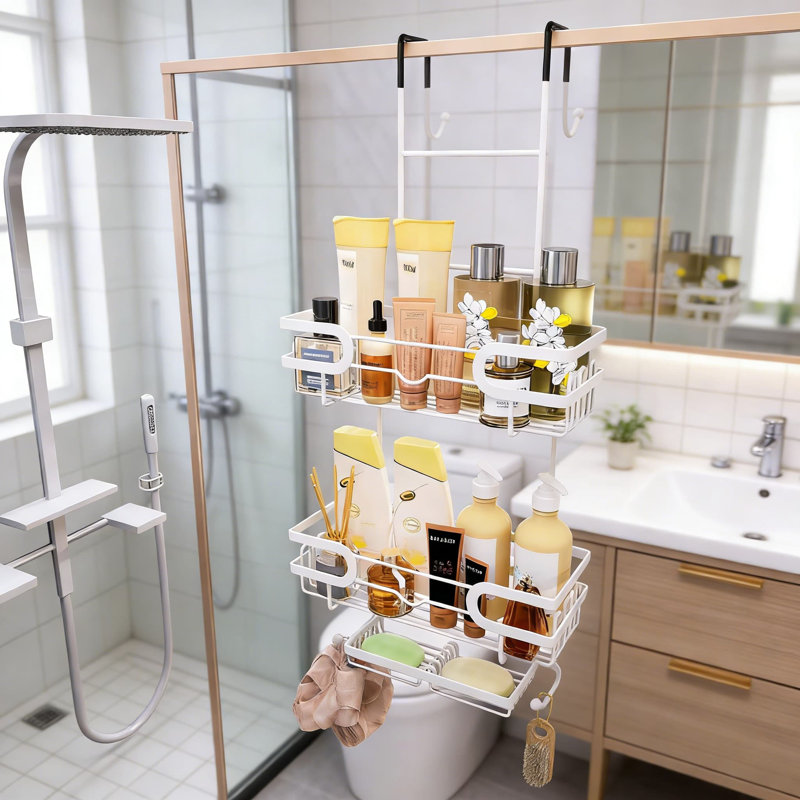 Over The Door Shower Caddy With Double Soap Holder And 16 Hooks, No Drilling Hanging Bathroom Organizer For Shampoo Conditioner Towels Essentials