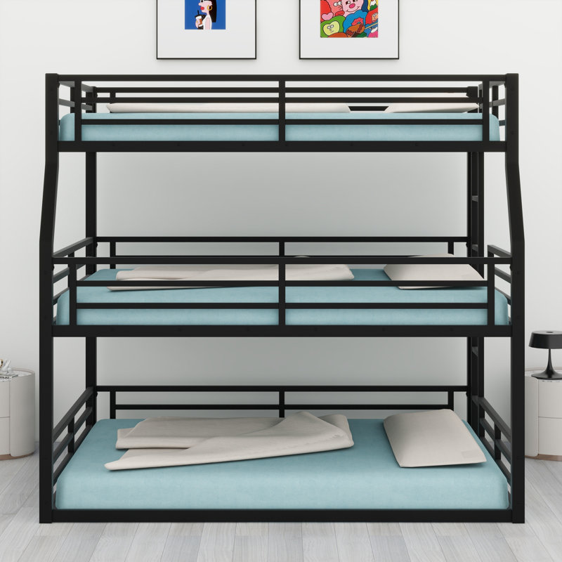 Metal Triple Bunk Bed With Guardrails, Full/Full XL Over Queen Over Queen, Black