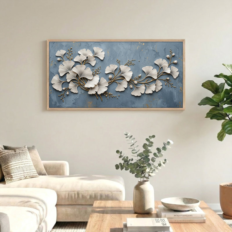Ensemble de 1 tableau sur toile représentant des feuilles de ginkgo, L 46 po x H 24 po, Naturel