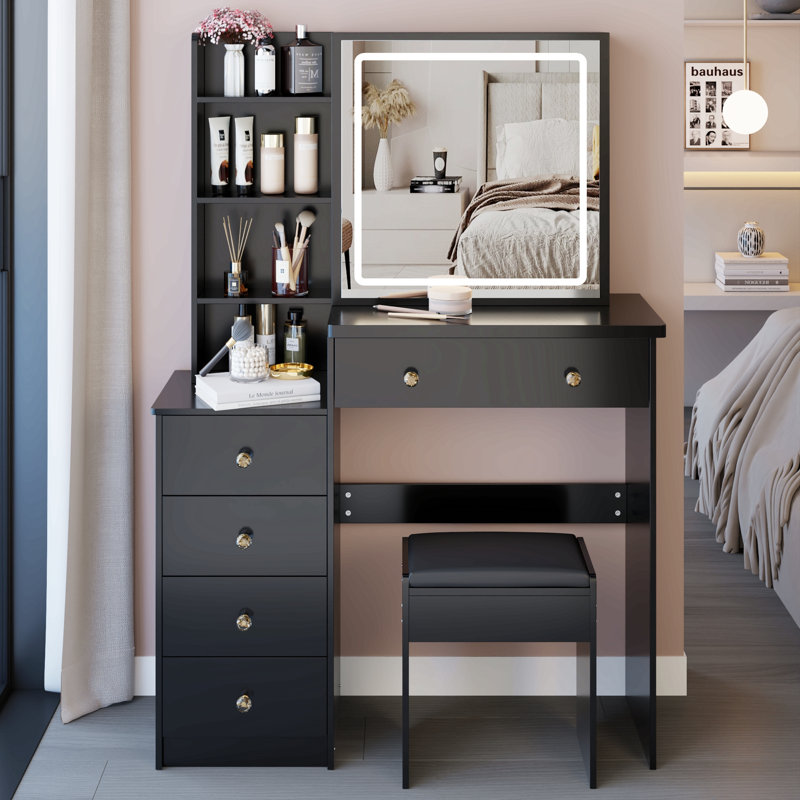 37" Middle Size Left Bedside Cabinet Vanity Table + Cushioned Stool, Large Sliding, Touch Control, Tri-Color Switching, Brightness Adjust Led Mirror, High Capacity Storage, Suitable For Middle Space