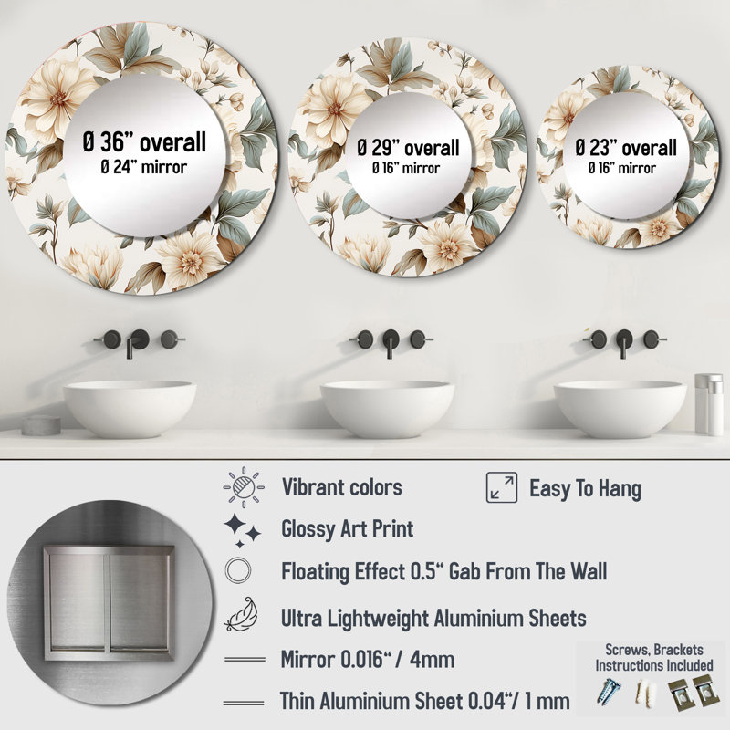 Vintage Florals - Plants Mirror, Boho Round Unique Wall Mirror, Printed Metal Art, 23" x 23"