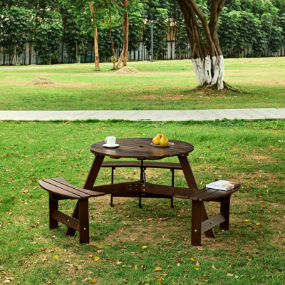 Table de pique-nique extérieure 6 places - 3 bancs, trou pour parasol, bords lisses, pour jardin, 6 bancs intégrés, décoration résistante aux intempéries, marron