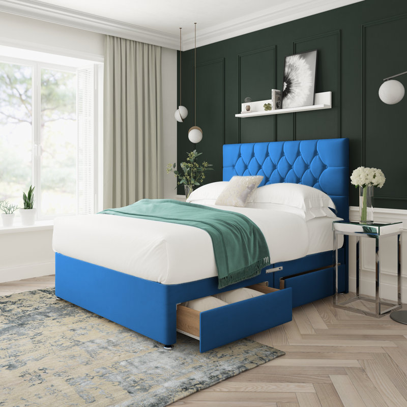 Upholstered Bed, Blue, Foot-end Drawers, Double (4'6)