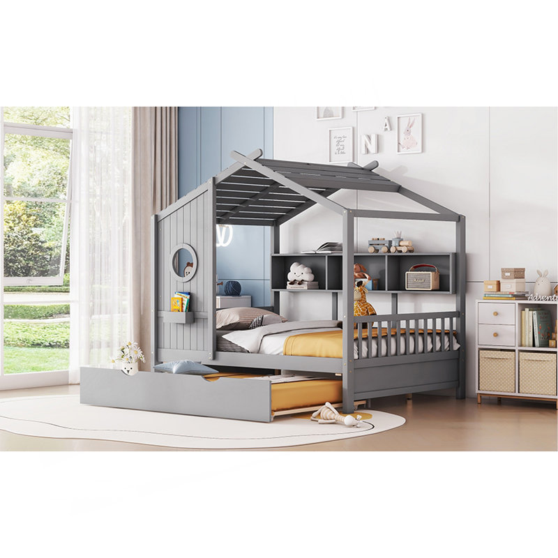 Lit double en bois avec lit gigogne, conception moderne pour enfants avec tablette de rangement, Lit double, Gris