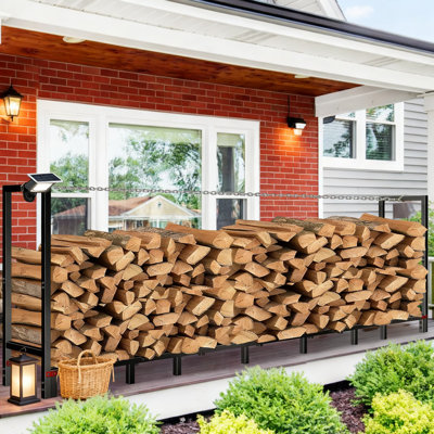 Support d'extérieur robuste en bois de chauffage de 8 pi avec pare-chocs à chaîne renforcée, support à bûches en métal de grande capacité pour le foyer, le patio et le rangement en bois de la cour