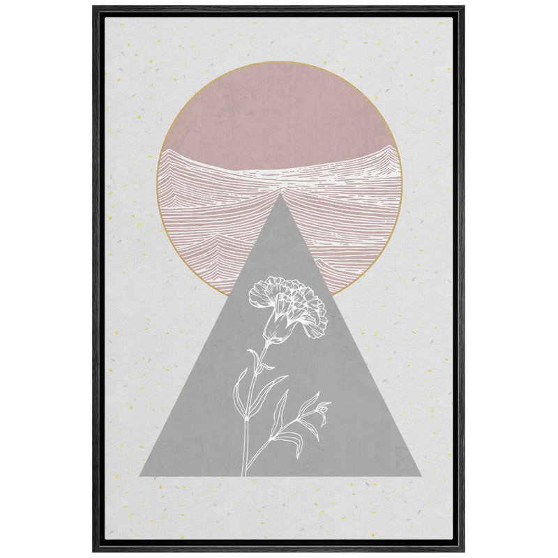 «Signature», reproduction d'art sur toile encadrée, duo rose et gris à motif de fleurs avec silhouette de plantes abstraites, art moderne moderne Mid-Century pour le salon, la chambre à coucher, le bureau