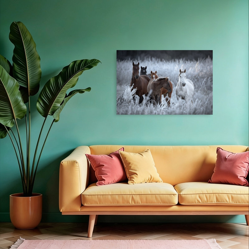 Art sauvage, chevaux sauvages, hiver, champ paisible, serein, cheval