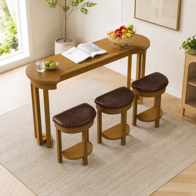Ensemble de 4 tables de bar en placage de bois massif avec 3 tabourets en polyuréthane, Naturel