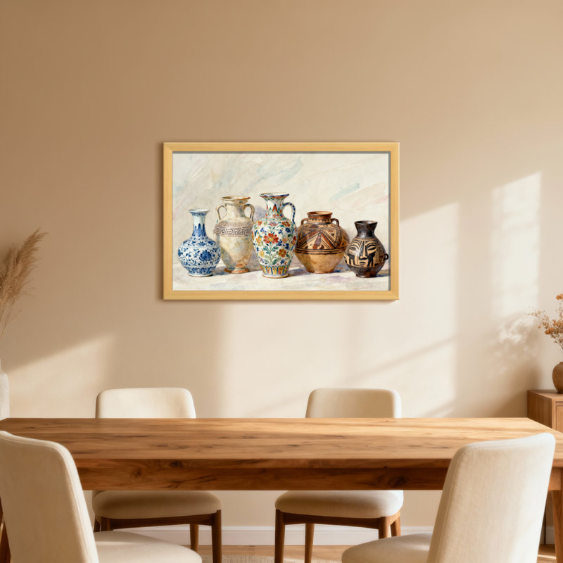 Vases disposés en rangées avec divers motifs, H 12 po x l 18 po, Toile tendue, Ne s’applique pas