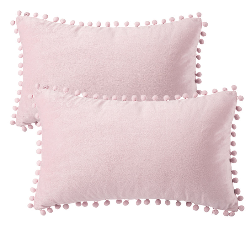 Coussin Silky Velvet Series Pom-poms, Rose clair, Housse de coussin et insert, Rectangle H 12 po x l 20 po